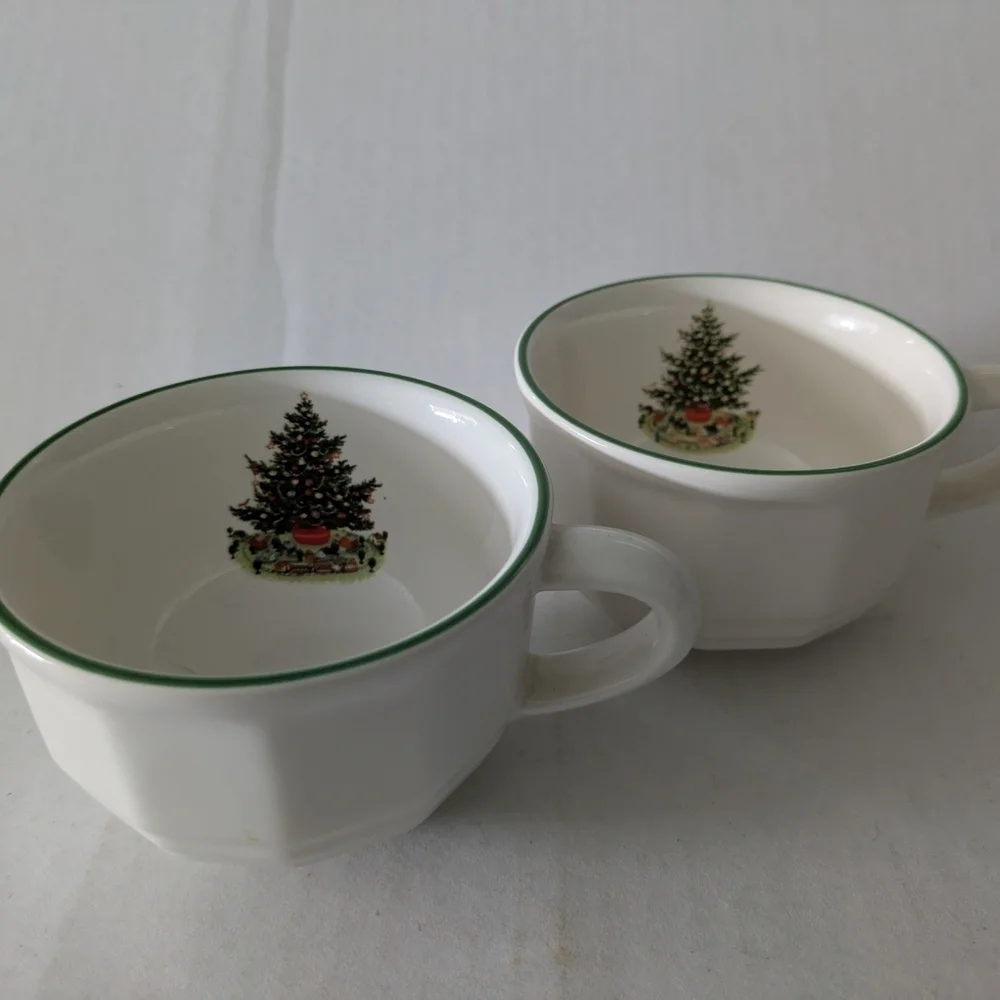 Pfaltzgraff White Cups / Coffee Mugs with Christmas Tree Design. Set Of 2